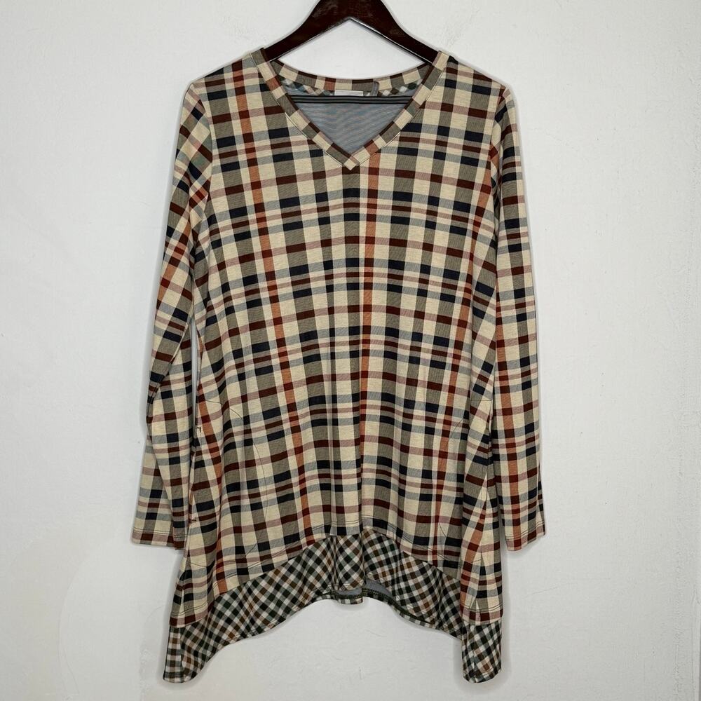 LOGO Lori Goldstein Plaid Sharkbite Tunic Top Large Boho V-Neck Asymmetrical - Picture 1 of 10